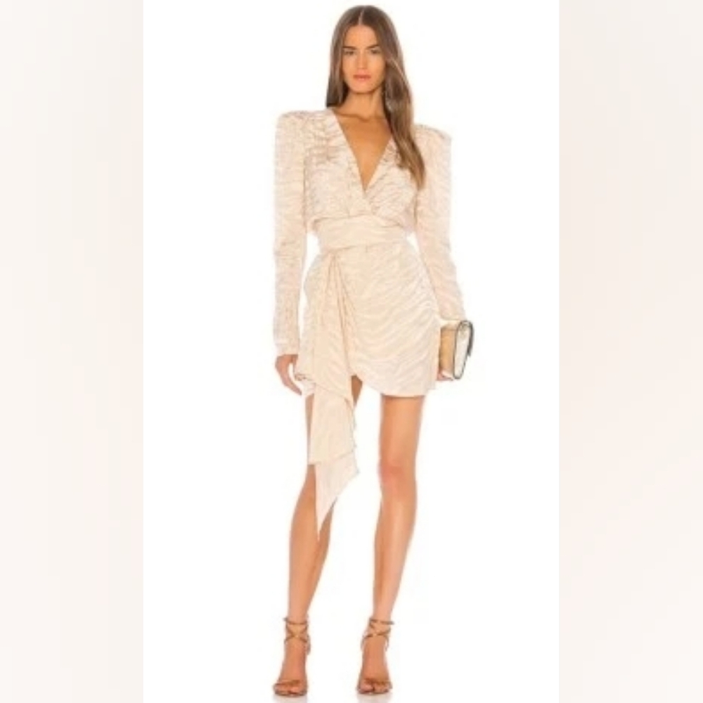 Ronny Kobo Lillian Zebra Silk Cream Mini Dress with Draped Sash Size Xs